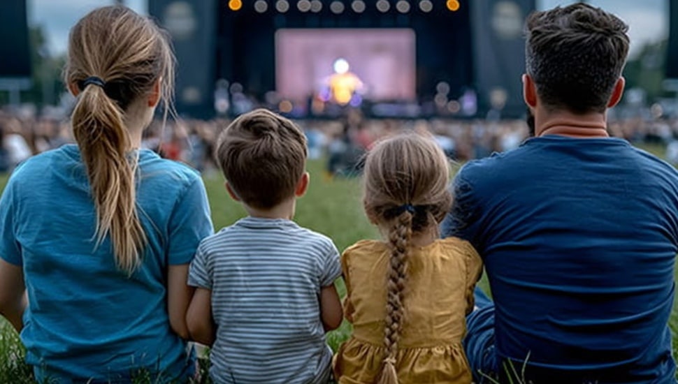 Family sits on grass and watches an outdoor movie.