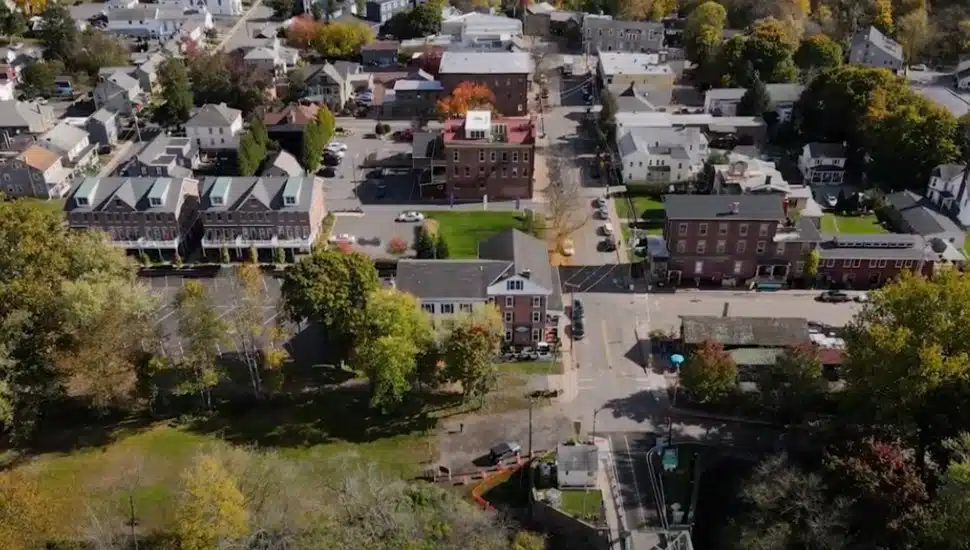 Aerial shot of houses in Frenchtown, New Jersey.
