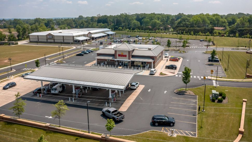 Aerial view of the Wawa at Warwick Village Commons in Jamison.