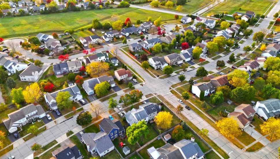 Aerial View of a Suburban Neighborhood in Autumn.