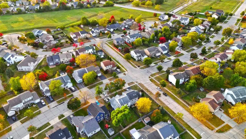 Aerial View of a Suburban Neighborhood in Autumn.