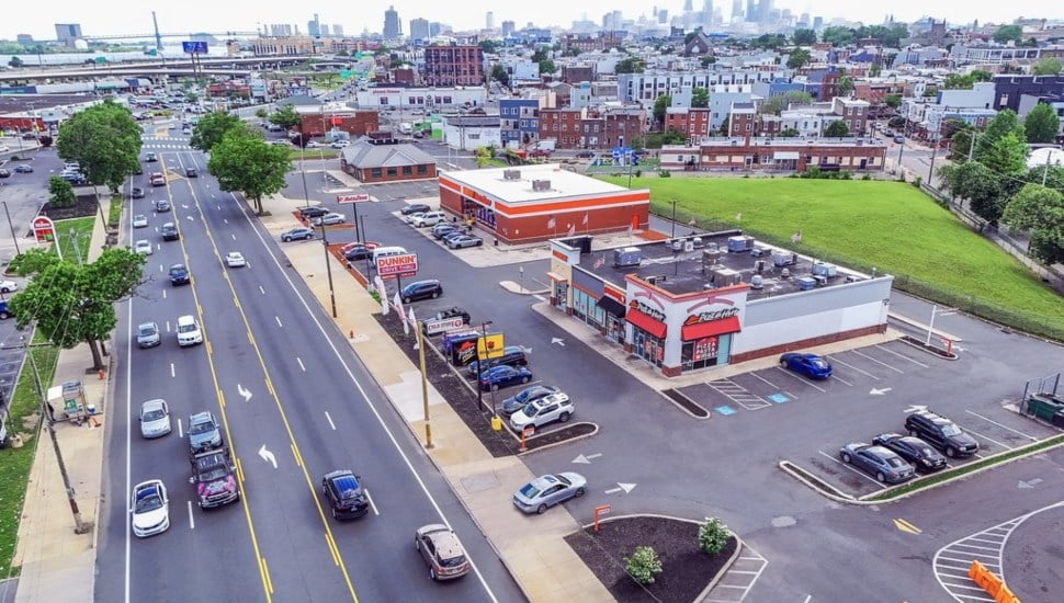 Overhead view of Aramingo Avenue retail properties.