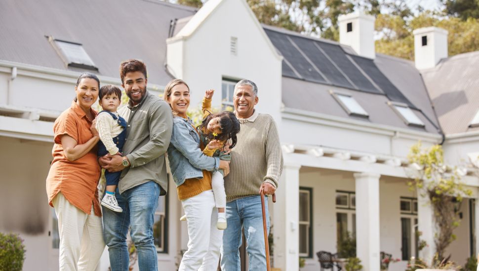 Group of people standing in front of house.