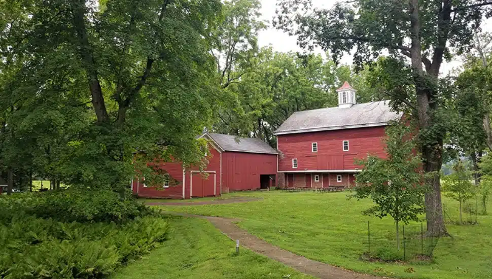 The side of the red Stover Barn surrounded by trees.