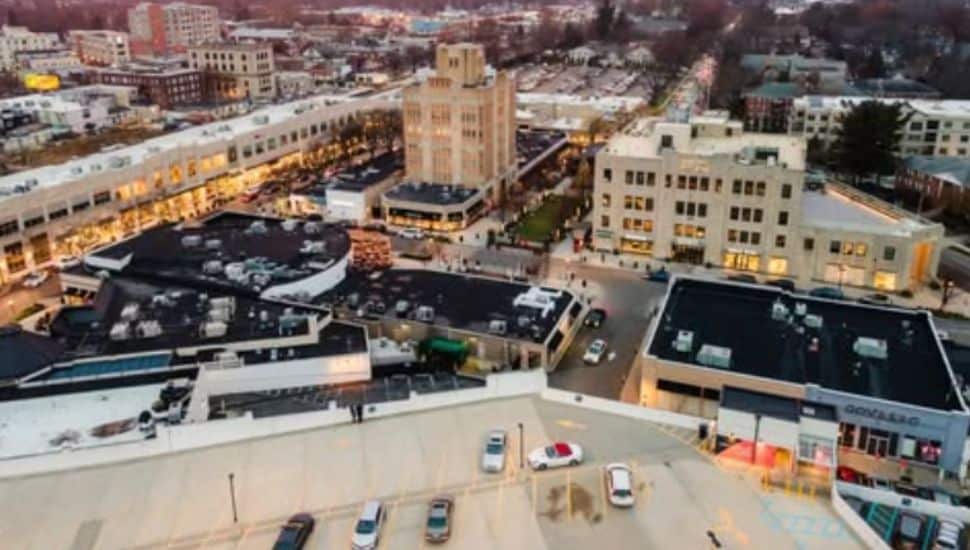 Aerial view of Ardmore's Suburban Square in Lower Merion.
