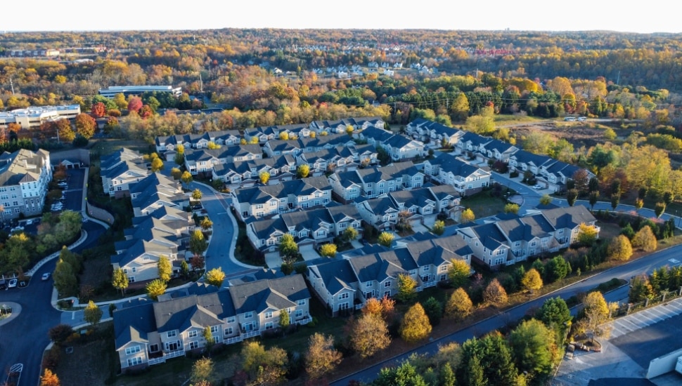 Aerial shot of houses in the suburbs.