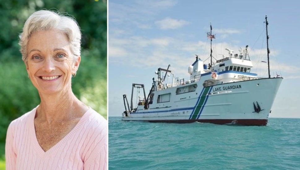 Headshot of female science teacher next to research vessel.