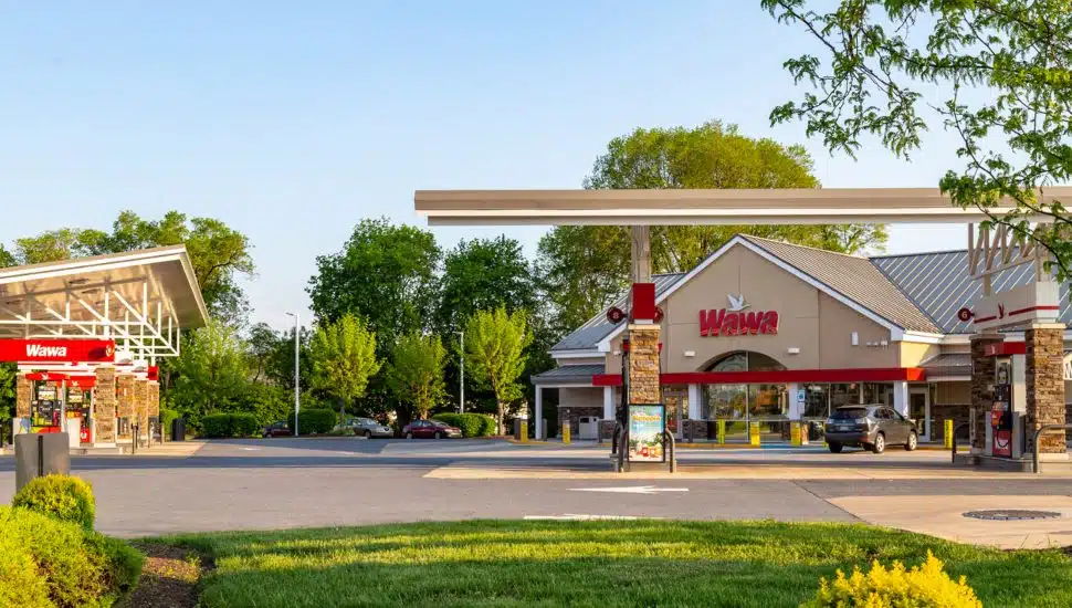 Exterior of Wawa convenience store and gas station.