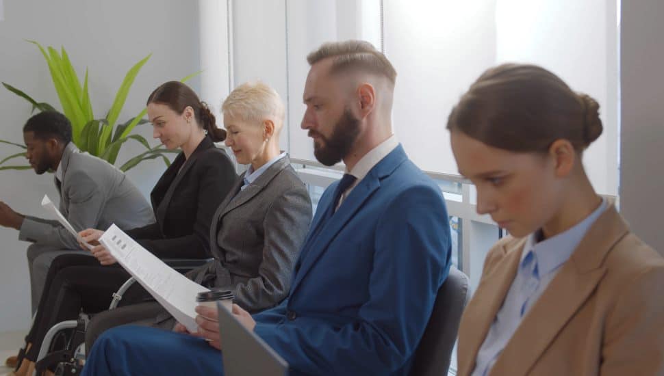 Group of young professionals waiting in line for job interview in office corridor.