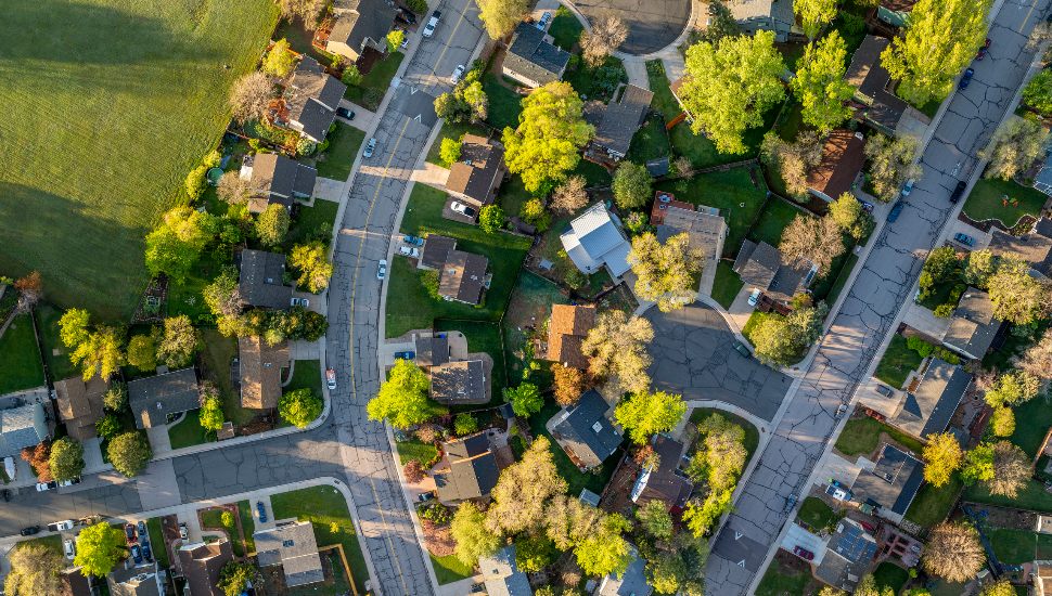 Aerial shot of suburban town.
