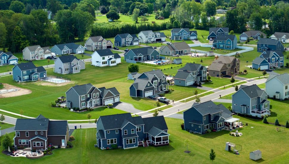 View from above of residential houses.