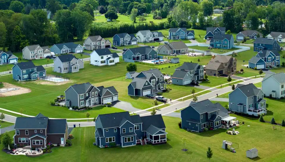 View from above of residential houses.
