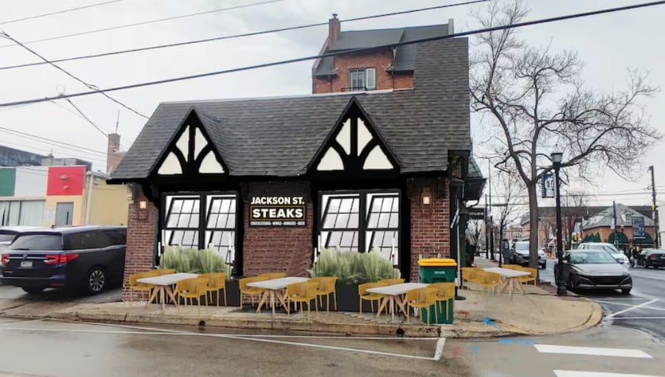 A rendering of the exterior sign and seating at the forthcoming Jackson St. Steak