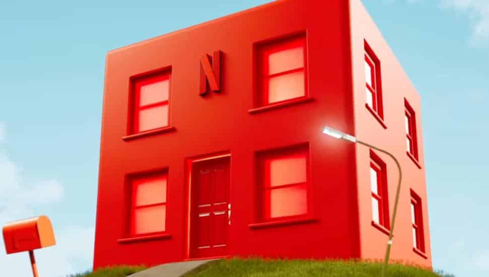 A cartoon rendering of an all red Netflix House building.