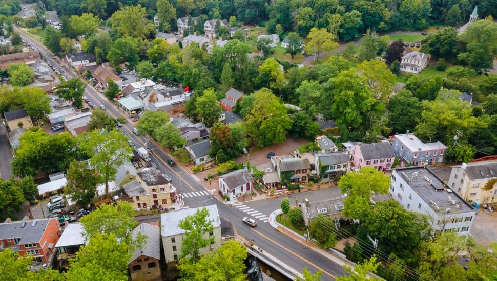Aerial view of roofs a small town the houses in the New Hope country landscape.
