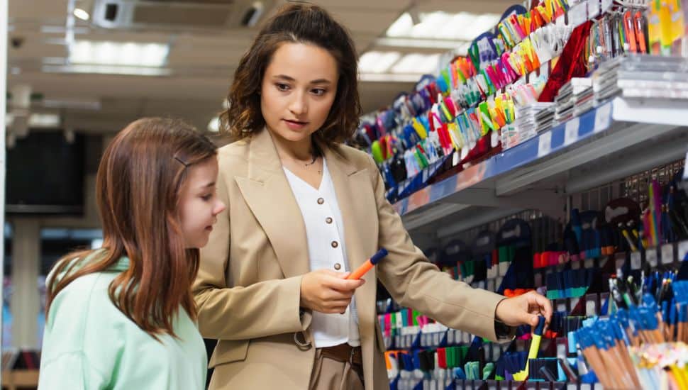 Mother and child picking out school supplies.