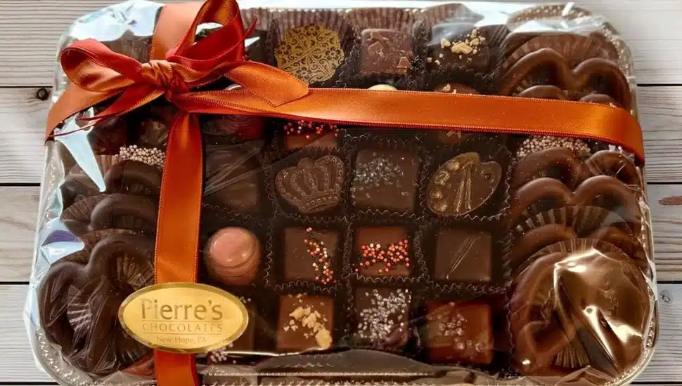 Box of Pierre's Chocolates with assorted flavors.