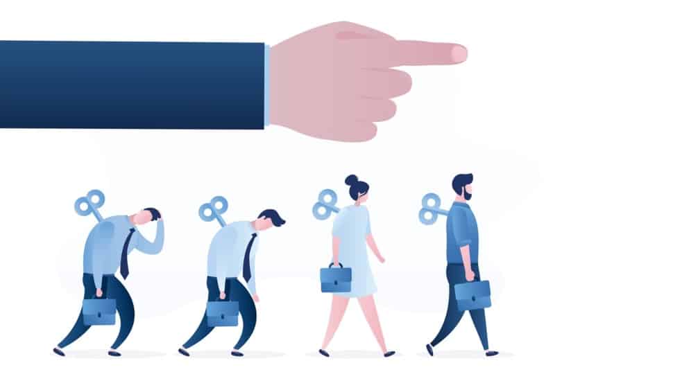 Businesspeople walk like clockwork toys.