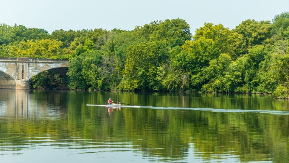 A man and a woman are rowing a boat in Schuylkill river. The water is calm and the trees in the background are lush and green. The scene is peaceful and serene