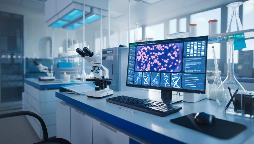 Biotechnology lab with a computer and lab equipment.
