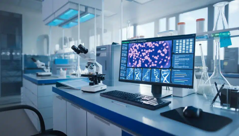 Biotechnology lab with a computer and lab equipment.