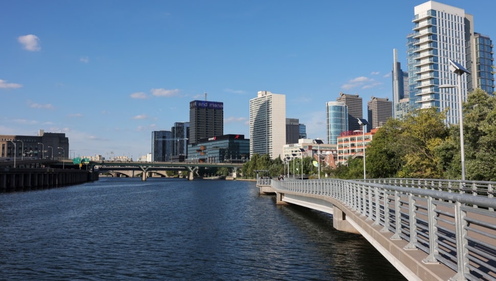 Delaware River with Philadelphia skyline on the right in the background.
