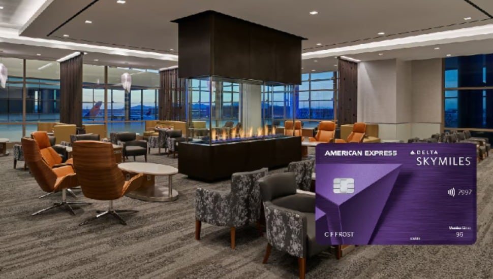 An image of a Delta Airlines Sky Club interior with an American Express card inset.