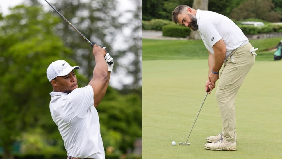 Two football players play golf.