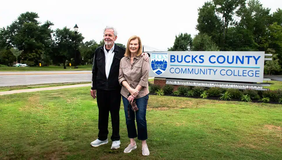 Gene and Marlene Epstein at unveiling of a new sign for the Bucks County Community College campus in Bristol Township that bears their name.