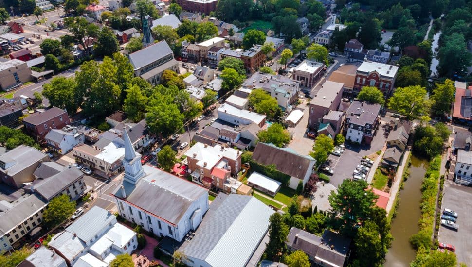 Aerial panoramic landscape view of Lambertville.