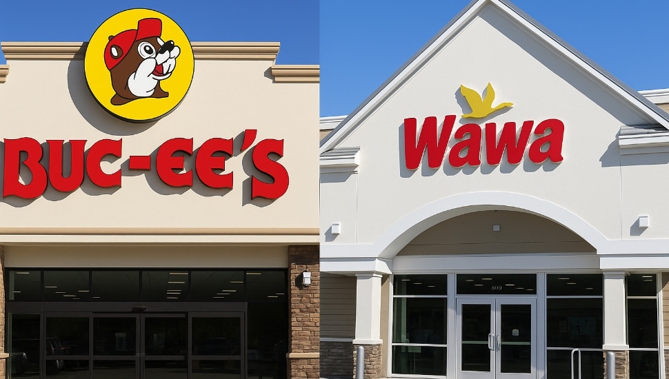 Wawa and Buc-ees storefronts side-by-side.