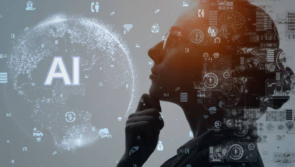 Woman pondering her life in an AI bubble.