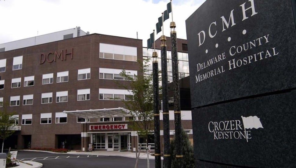 Delaware County Memorial Hospital exterior with sign.