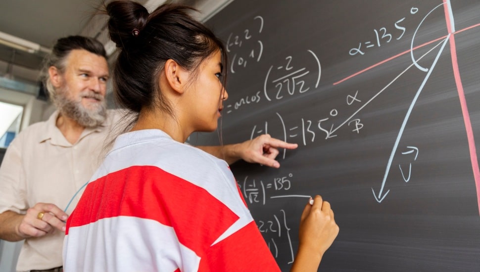 Teacher instructing student at chalkboard.