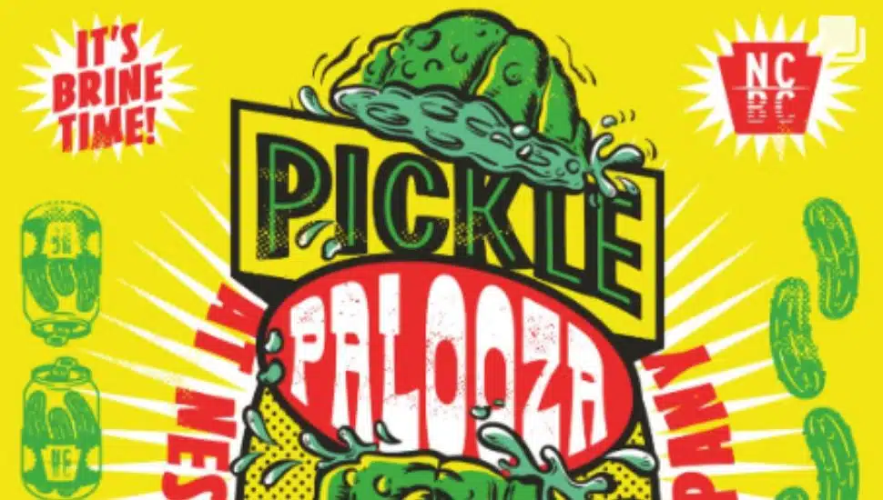 Bright, colorful poster for Neshaminy Creek Brewing’s Pickle Palooza event on August 16, featuring a cartoon pickle character bursting through the center, surrounded by pickle slices and jars. Event details highlight pickle beer, pickle cocktails, local pickle vendors, food trucks, and a screening of An American Pickle.