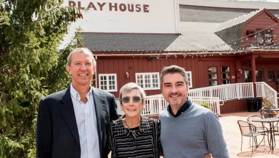 Alexander Fraser, Robyn Goodman and Josh Fiedler in front of the Bucks County Playhouse.