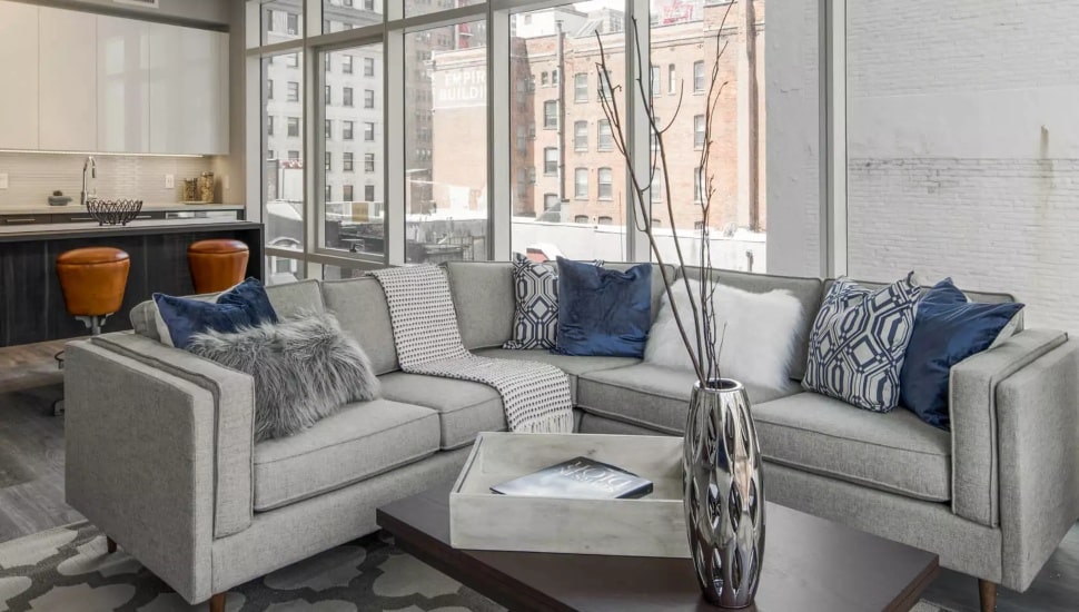 Living room and kitchen of a Philadelphia apartment.