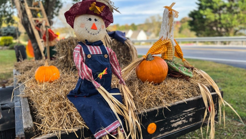Scarecrow surrounded by pumpkins sitting on hay.