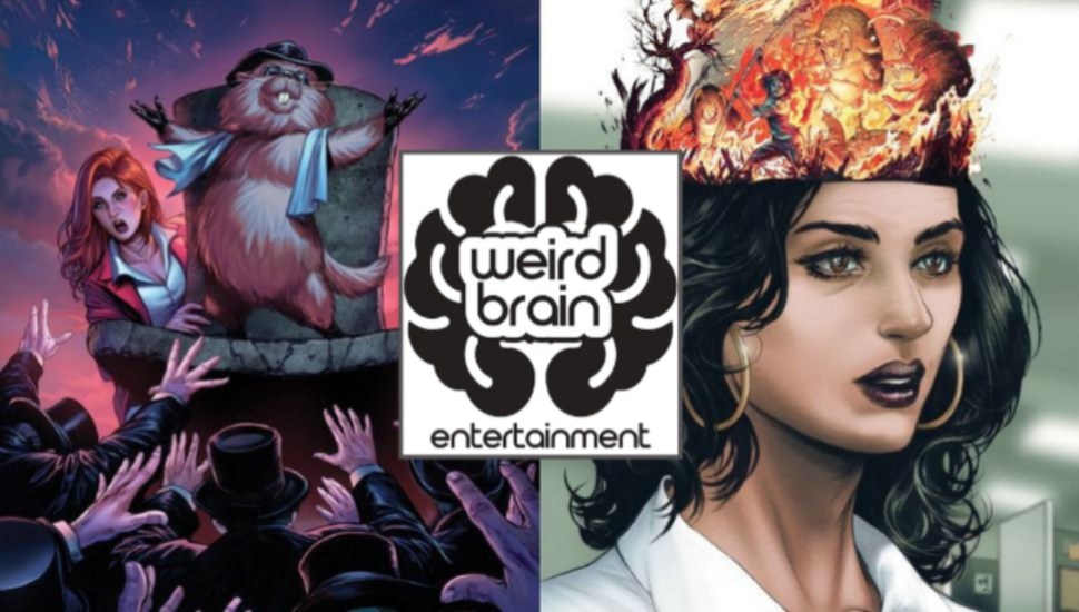 The Weird Brain Entertainment logo over covers of Sven the Groundhog and Hell of a Job.