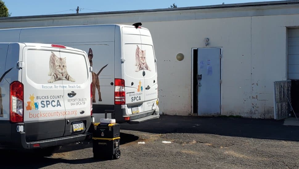 Bucks County SPCA trucks outside of a warehouse.