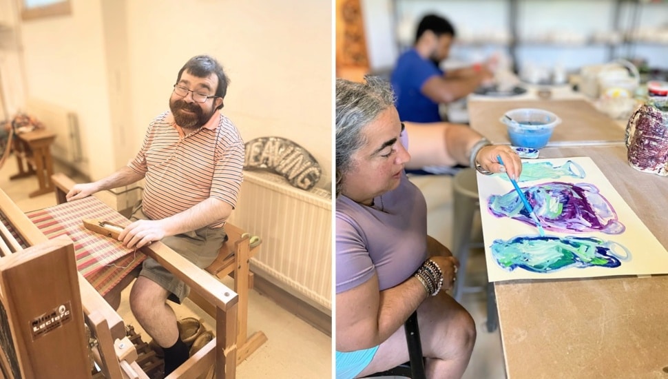 Man weaves a blanket and woman paints a picture.