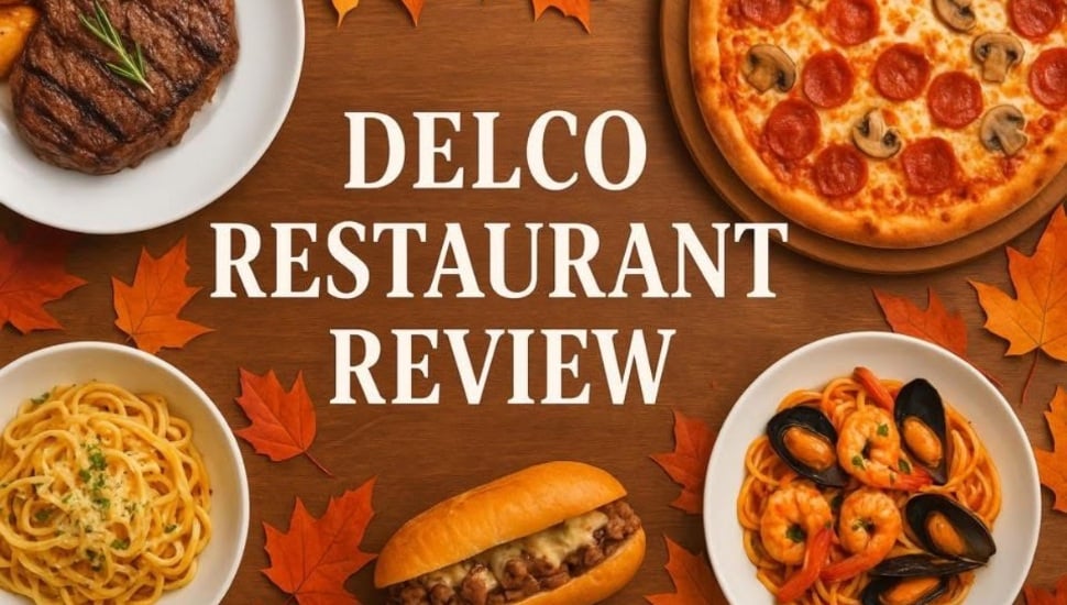 Delco Restaurant Review graphic with steak, pepperoni pizza, and two pasta dishes.