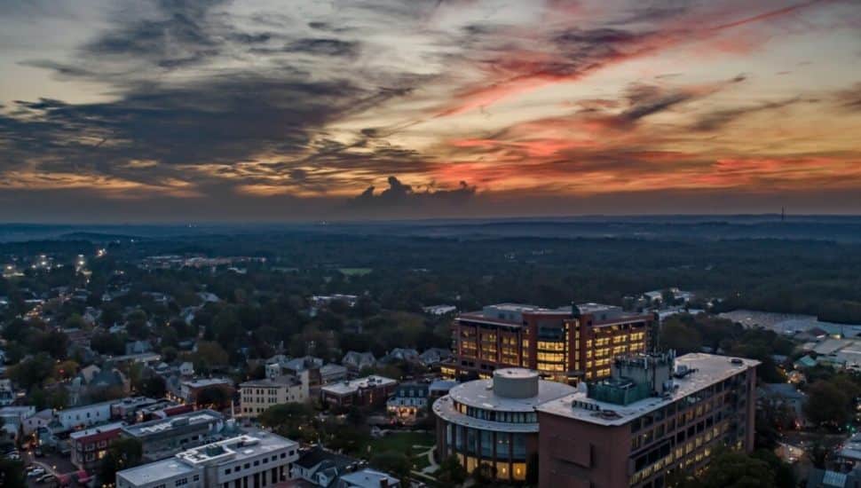 Aerial view of Doylestown at sunset.