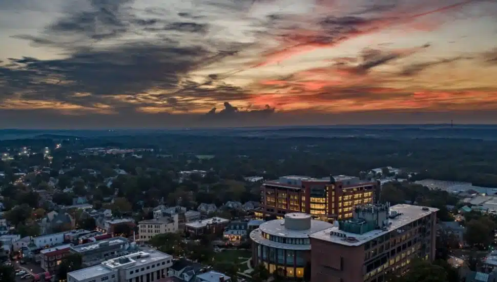 Aerial view of Doylestown at sunset.