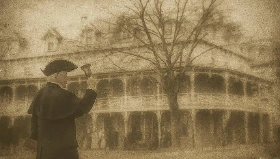 Colonial man ringing bell outside old building.