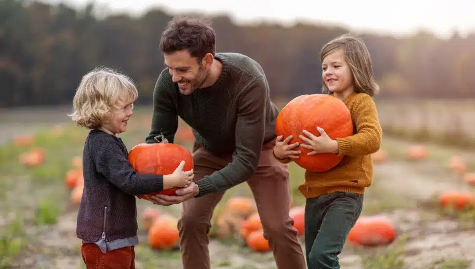 Family picking pumpkins in a field.