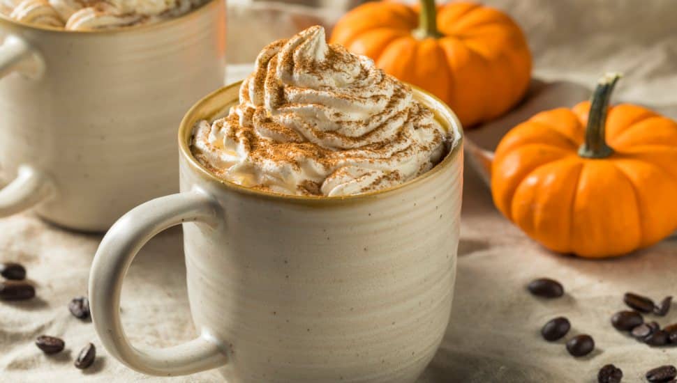 Pumpkin Spice Latte Coffee with Whipped Cream and pumpkins in the background.