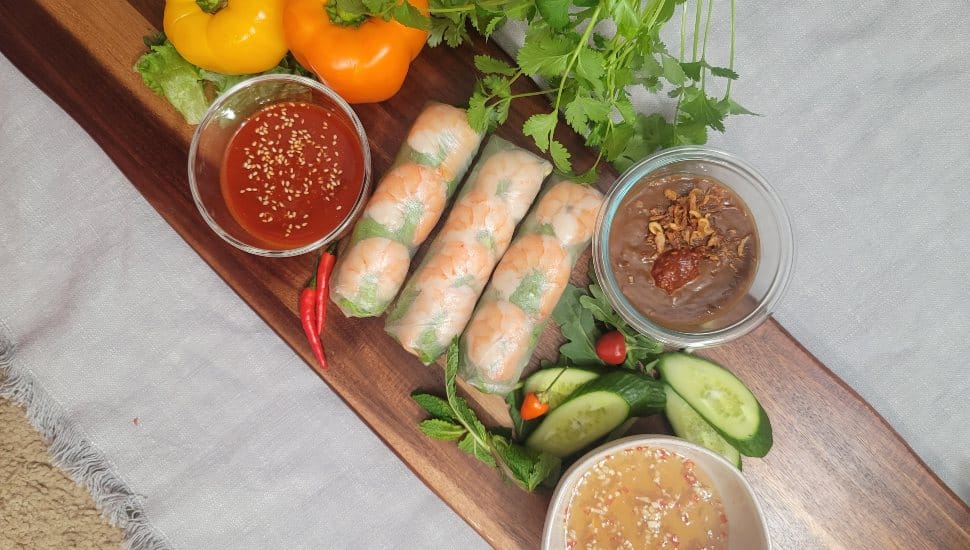 Spring rolls and sauces from TeaVa Rolls.