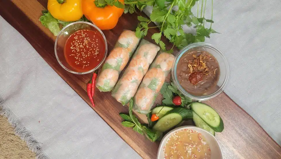 Spring rolls and sauces from TeaVa Rolls.