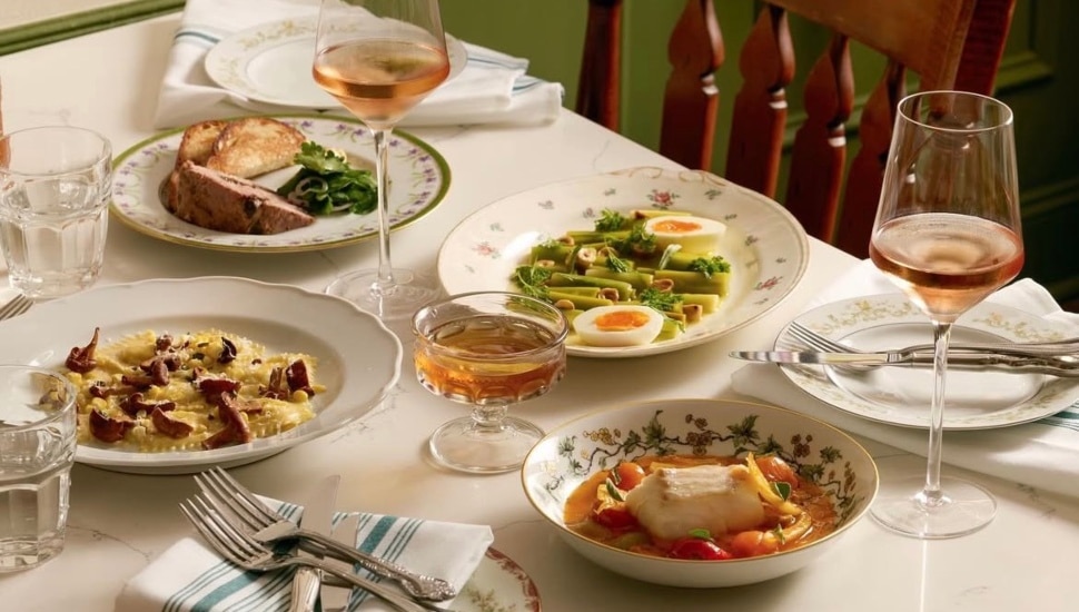 A table with food at a restaurant.